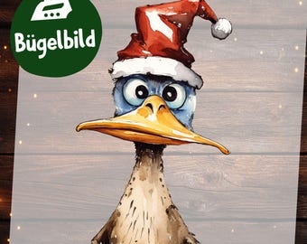 Bügelbild Weihnachtsente – Lustiges Cartoon Tier zum Aufbügeln für Kinder Shirt, Schultüte & Winter Deko
