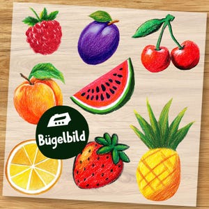 Könnte beinhalten: Handgezeichnete Illustrationen von Früchten in leuchtenden Farben. Dazu gehören eine rote Himbeere, eine lila Pflaume, eine Wassermelone und eine gelbe Ananas. Ein grüner Kreis mit dem Text "Bügelbild" ist ebenfalls vorhanden.