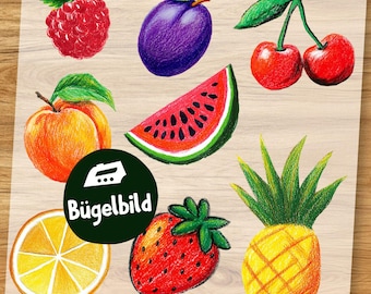 Sommerfrucht Mix Bügelbild Set – Wasserfarbe Obst zum Aufbügeln für Kinder Tshirt, Erdbeer Zitrone Wassermelone PNG