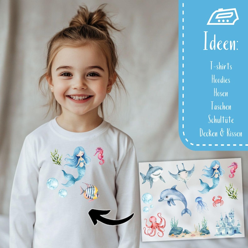 Peut inclure: Un t-shirt blanc &agrave; manches longues avec un motif color&eacute; de sir&egrave;ne et de cr&eacute;atures marines. Le motif comprend une sir&egrave;ne, un hippocampe, un poisson et des bulles. Des &eacute;l&eacute;ments de design suppl&eacute;mentaires sont affich&eacute;s.