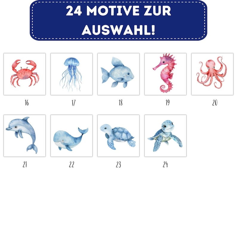 May include: A set of 24 watercolor illustrations of sea creatures, including a crab, jellyfish, fish, seahorse, octopus, dolphin, whale, turtle, and a sea turtle. The illustrations are in shades of blue, red, and pink.