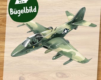 Cooles Kampjet Bügelbild, Militär Flugzeug in Wasserfarbe zum Aufbügeln, Motiv für Jungen Shirt, Schultüte Aufbügler Jet Fighter