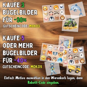 Pode incluir: An&uacute;ncio de patches termocolantes com desenhos de animais e ve&iacute;culos. O texto promove descontos: Compre 3 patches com 30% de desconto com o c&oacute;digo MOKO3, ou compre 5+ com 40% de desconto com o c&oacute;digo MOKO5. Instru&ccedil;&otilde;es tamb&eacute;m est&atilde;o inclu&iacute;das.