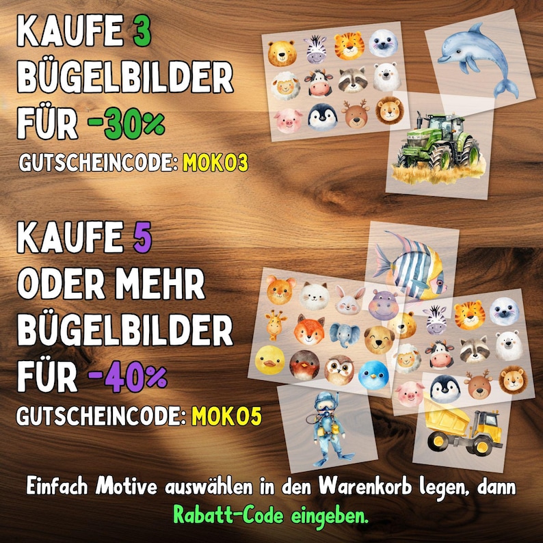 Pode incluir: An&uacute;ncio de patches termocolantes com desenhos de animais e ve&iacute;culos. O texto promove descontos: Compre 3 patches com 30% de desconto com o c&oacute;digo MOKO3, ou compre 5+ com 40% de desconto com o c&oacute;digo MOKO5. Instru&ccedil;&otilde;es tamb&eacute;m est&atilde;o inclu&iacute;das.