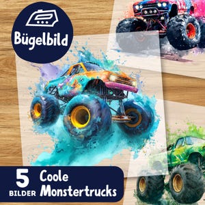 Pode incluir: Um conjunto de cinco designs coloridos de monster trucks. Os caminhões são pintados em tons vibrantes de azul, laranja, roxo e verde, com pneus grandes. A imagem inclui o texto "5 Coole Monster Trucks" e "Bügelbild".
