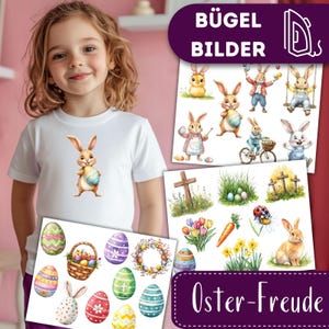 Może przedstawiać: Wzory do prasowania na ubrania z motywem wielkanocnym. Wzory przedstawiają króliki trzymające jajka, jajka z krzyżami i wieniec. Wzór zawiera tekst "Oster-Freude".