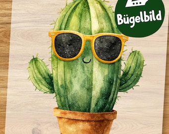 Cooler Kaktus Bügelbild, Lustiger Kaktus mit Brille in Wasserfarbe zum Aufbügeln, Sommermotiv für Kinder Shirt, Schule Aufbügler