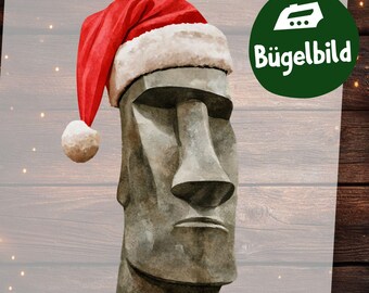 Weihnachts Moai Statue Bügelbild Aquarell, Lustiger Osterinsel Kopf, Santa Hat