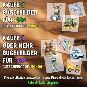 May include: A collection of iron-on transfer images featuring various designs, including a moose with a mug, a dolphin, a tractor, a rabbit with glasses, a fish, a race car, a diver, and a dump truck. The image also includes text offering discounts with the codes MOKO3 and MOKO5.