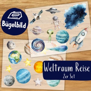 Weltraum Reise Bügelbilder, Wasserfarbe Grafiken zum Aufbügeln, Raumschiff, Planeten und Sterne, Niedliche Illustrationen für Kinder Tshirt