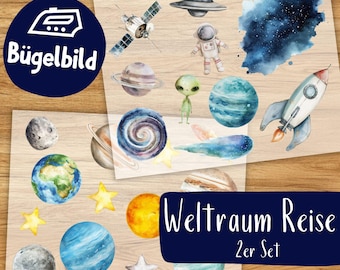 Weltraum Reise Bügelbilder, Wasserfarbe Grafiken zum Aufbügeln, Raumschiff, Planeten och Sterne, Niedliche Illustrationen für Kinder Tshirt