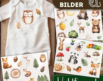 Waldfreunde Bügelbilder 3er Set, Wasserfarbe Niedliche Waldtiere Grafiken zum Aufbügeln, Eule Illustrationen für Kinder Tshirt, Bär, Fuchs