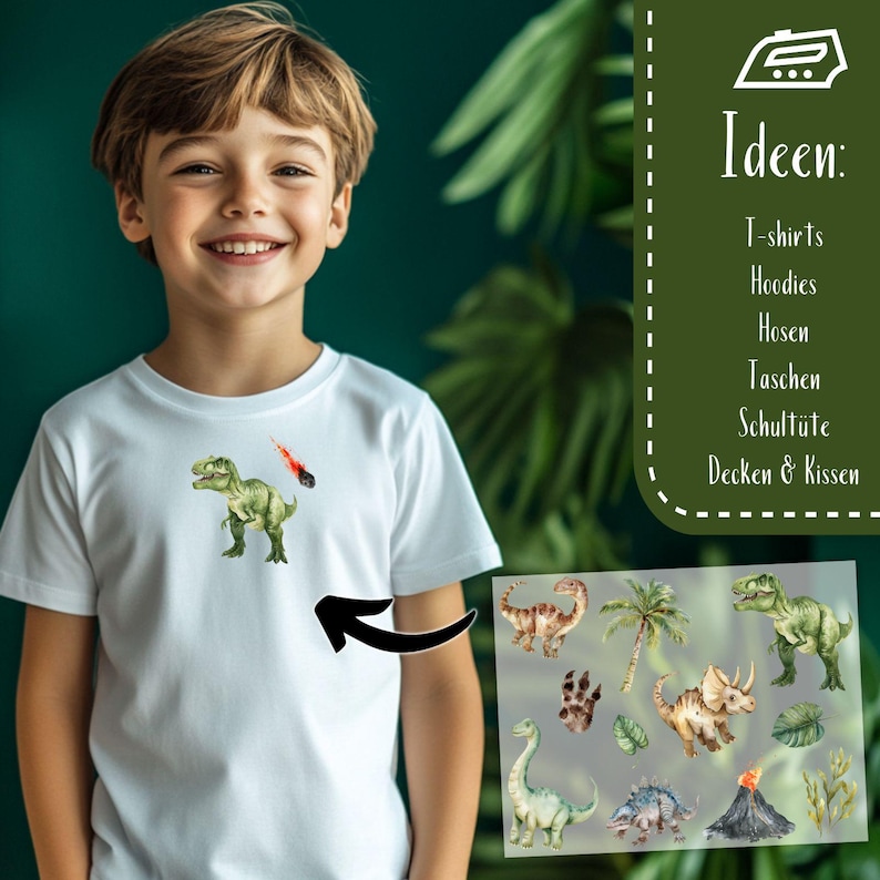May include: A white t-shirt featuring a green dinosaur and a red comet graphic. The image also includes a selection of dinosaur-themed illustrations, suggesting designs for t-shirts, hoodies, and other items.