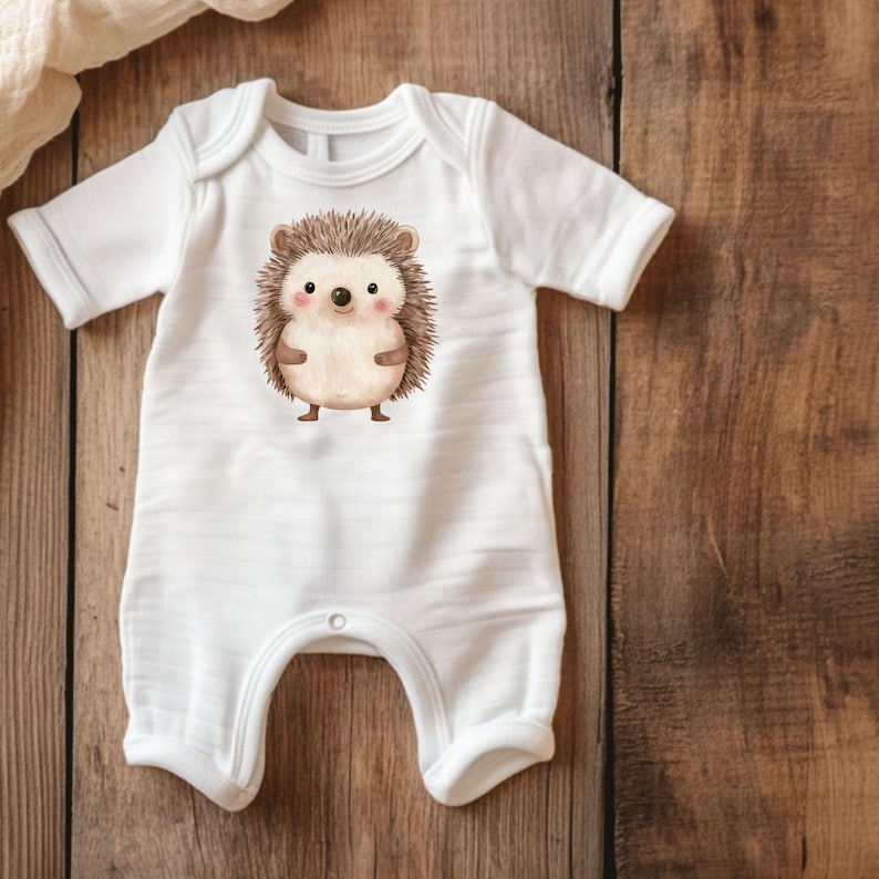 May include: White baby onesie featuring a brown and white hedgehog illustration. The hedgehog has a cute face with black eyes and a pink nose.