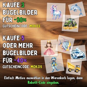 May include: An image featuring various iron-on transfer designs, including a unicorn, dolphin, tractor, princess, fish, race car, scuba diver, and dump truck. Text promotes discounts: "KAUFE 3 B&Uuml;GELBILDER F&Uuml;R -30%" and "KAUFE 5 ODER MEHR B&Uuml;GELBILDER F&Uuml;R -40%" with discount codes.