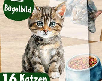 Süßes Katzen Bügelbild, Aquarell Katzenportrait in Wasserfarbe, Haustier für Kinder Shirt, Schultüte Aufbügler Baby Kätzchen Niedlich
