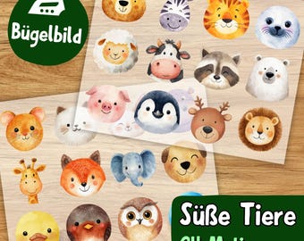 Süße Tiere Bügelbild Set 24 Motive, Kinder Aufbügler, Aquarell Tiergesichter, Babykleidung, Tiermotiv Bügeltransfer
