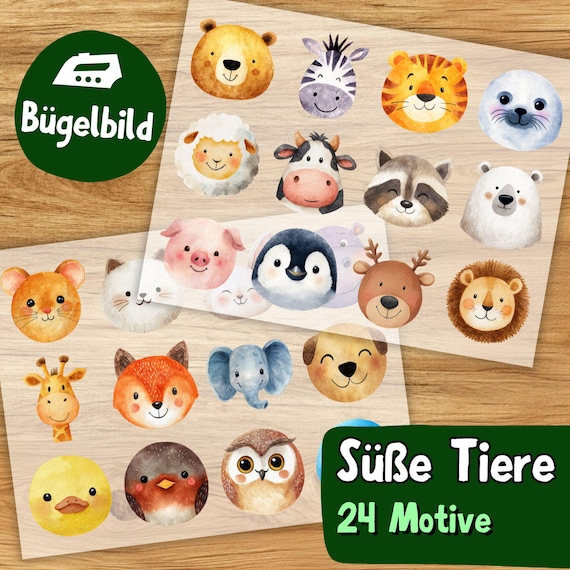 Süße Tiere Bügelbild Set 24 Motive, Kinder Aufbügler, Watercolor Tiergesichter, Baby Kleidung, Tiermotiv Bügeltransfer