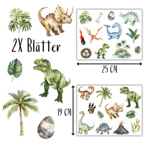 May include: Watercolor dinosaur-themed wall decals. The set includes various dinosaurs, palm trees, eggs, and foliage. The largest sheet measures 19 cm high, and the other is 25 cm wide.