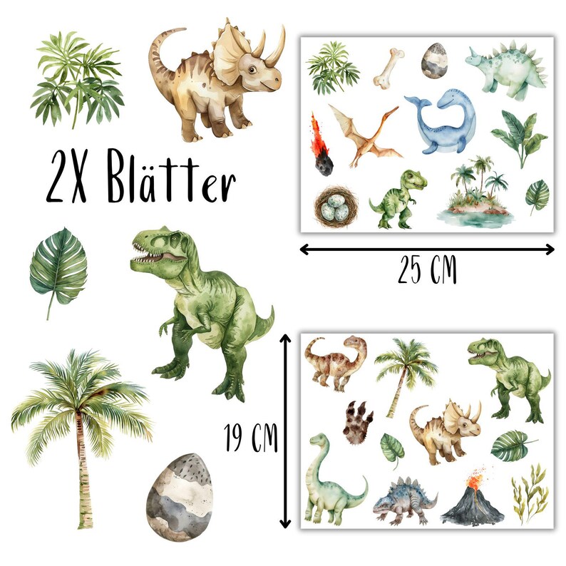 May include: Watercolor dinosaur-themed wall decals. The set includes various dinosaurs, palm trees, eggs, and foliage. The largest sheet measures 19 cm high, and the other is 25 cm wide.