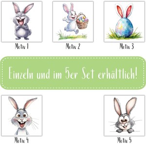 K&ouml;nnte beinhalten: F&uuml;nf verschiedene Osterhasen-Illustrationen. Jeder Hase ist in einer anderen Pose dargestellt, einer h&auml;lt einen Korb mit Eiern. Der Text "Einzeln und im 5er Set erh&auml;ltlich!" wird unter den Bildern angezeigt.
