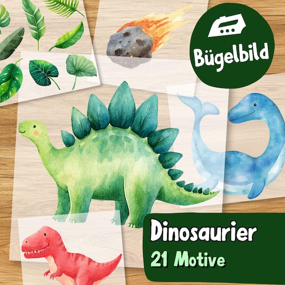 Dinosaurier Bügelbild 21 Motive, Kinder Dino Aufbügler, Watercolor Dinosaurier für Jungen, Bügeltransfer Kleidung, Dino Applikation