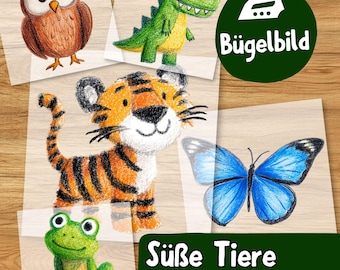 Süße Tiere Bügelbilder, Buntstift-Stil Kindergarten Tierchen zum Aufbügeln