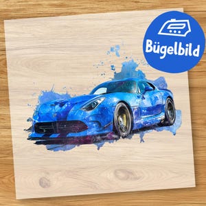 Blauer Sportwagen Bügelbild, Schnelles Rennauto Aquarell zum Aufbügeln, Kinder Shirt, Flitzer Schultüte Bügelmotiv für Jungen