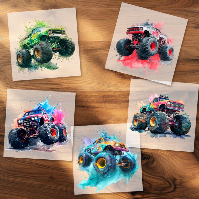 May include: Five square prints featuring watercolor illustrations of monster trucks. Each truck is a different color, including green, red, blue, and yellow, with large black tires and colorful paint splashes.