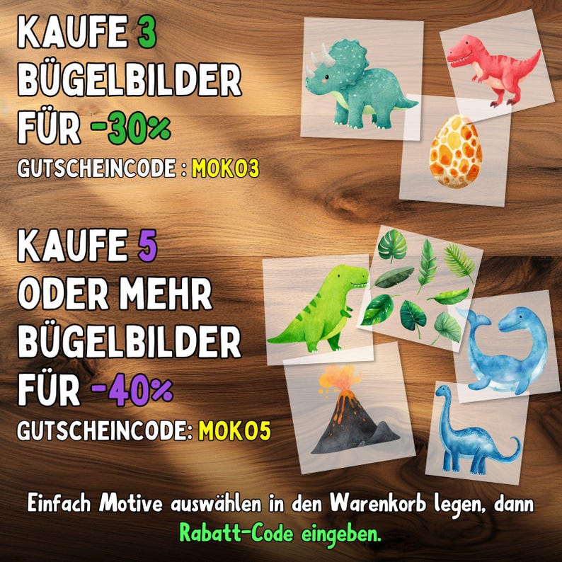 May include: A collection of dinosaur-themed iron-on transfers. The image features various watercolor illustrations of dinosaurs, leaves, and a volcano. Text offers discounts for purchasing multiple transfers. The background is a wooden surface.