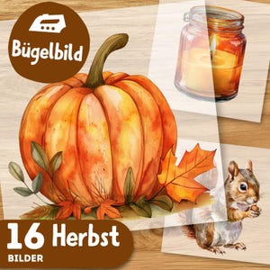 Pode incluir: Ilustrações em aquarela com temas de outono, incluindo uma grande abóbora laranja, uma vela acesa em um pote, um esquilo e folhas de outono. O texto "16 Herbst Bilder" é visível.