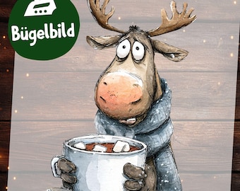 Bügelbild Rentier Weihnachten – Lustiges Cartoon Motiv mit Schal & Kakao Tasse zum Aufbügeln für Kinder Kleidung