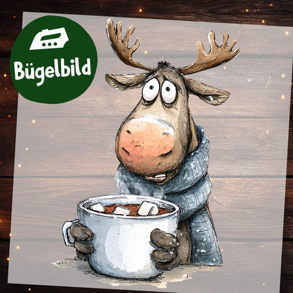 Bügelbild Rentier Weihnachten – Lustiges Cartoon Motiv mit Schal & Kakao Tasse zum Aufbügeln für Kinder Kleidung