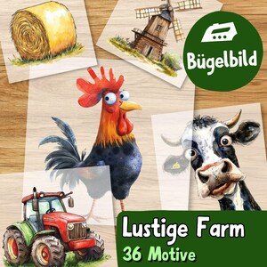 Peut inclure: Une collection de transferts thermocollants avec des illustrations sur le thème de la ferme, incluant un coq, une vache, un tracteur, un moulin et une botte de foin. Le lot contient 36 motifs avec le texte Bügelbild, Lustige Farm, 36 Motive.