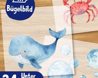 Unterwasser Bügelbilder, Wasserfarbe Taucher Grafiken zum Aufbügeln Fisch, Meerjungfrau, Blauwal Illustrationen für Kinder Tshirt Delfin Süß