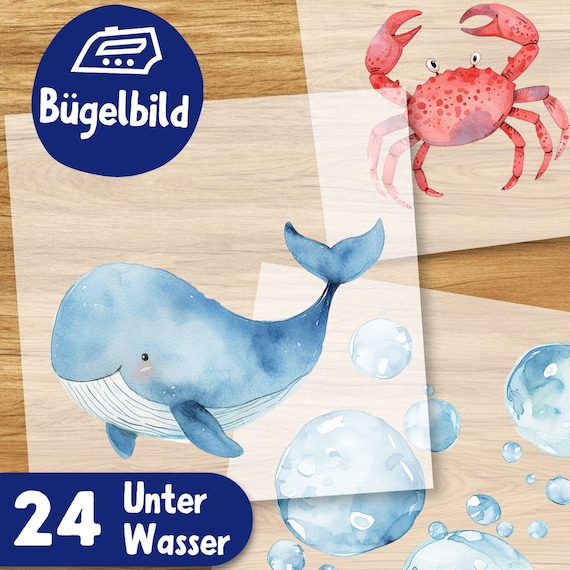 Unterwasser Bügelbilder, Wasserfarbe Taucher Grafiken zum Aufbügeln Fisch, Meerjungfrau, Blauwal Illustrationen für Kinder Tshirt Delfin Süß