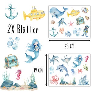Peut inclure: Illustrations &agrave; l'aquarelle de cr&eacute;atures marines et de sc&egrave;nes sous-marines. Comprend un sous-marin jaune, une baleine bleue, une sir&egrave;ne et un coffre au tr&eacute;sor. Le texte "2X Bl&auml;tter" est visible. Dimensions : 25 cm x 19 cm.