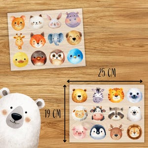 Pode incluir: Dois quebra-cabe&ccedil;as de madeira com ilustra&ccedil;&otilde;es em aquarela de v&aacute;rios animais. O quebra-cabe&ccedil;a superior tem 25 cm de largura e 19 cm de altura, enquanto o quebra-cabe&ccedil;a inferior tem 25 cm de largura e 19 cm de altura. Os quebra-cabe&ccedil;as incluem um urso, um gato, um coelho, um hipop&oacute;tamo, uma girafa, uma raposa, um elefante, um c&atilde;o, um pato, um p&aacute;ssaro e uma coruja.