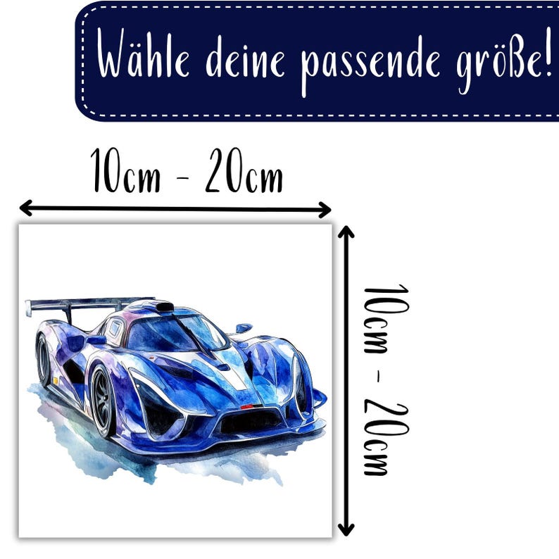 Puede incluir: Una ilustraci&oacute;n de acuarela de un coche de carreras azul con una franja blanca. El coche est&aacute; sobre un fondo blanco con un borde azul. La imagen mide 10 cm por 20 cm.