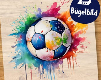 Cooles Fußball Bügelbild, Wasserfarbe Ball mit Farbsplash, Aquarell Fußballmotiv Kinder Shirt, Sport Transfer Bild Schultüte Jungs