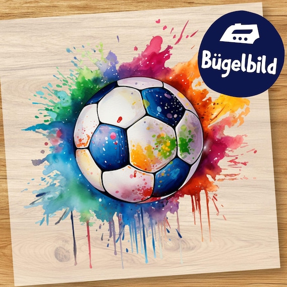 Cooles Fußball Bügelbild, Wasserfarbe Ball mit Farbsplash, Aquarell Fußballmotiv Kinder Shirt, Sport Transfer Bild Schultüte Jungs