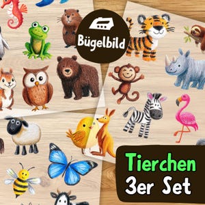 Könnte beinhalten: Ein Set aus Bügelbildern mit farbigen Illustrationen im Buntstift-Stil von verschiedenen Tieren, darunter ein Seepferdchen, Frosch, Biber, Tiger, Faultier, Eule, Bär, Affe, Nashorn, Eichhörnchen, Schaf, Küken, Känguru, Schmetterling, Biene und Kuh.
