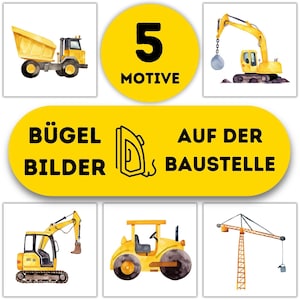 5 Auf der Baustelle Bügelbilder Wasserfarbe Bagger zum Aufbügeln, Kinder Kran Tshirt, Aquarell Bauarbeiter, Mini Kipplaster Motiv