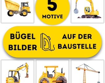 5 Auf der Baustelle Bügelbilder Wasserfarbe Bagger zum Aufbügeln, Kinder Kran Tshirt, Aquarell Bauarbeiter, Mini Kipplaster Motiv