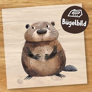 Może przedstawiać: Kreskówkowy bóbr w kolorze brązowym i białym z uroczym wyrazem twarzy, stojący na tle imitującym drewno. Obrazek zawiera napis "Bügelbild" w brązowym kółku.