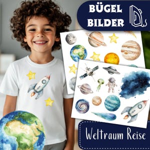 Weltraum Reise Bügelbilder, Wasserfarbe Grafiken zum Aufbügeln, Raumschiff, Planeten und Sterne, Illustrationen für Kinder Tshirt