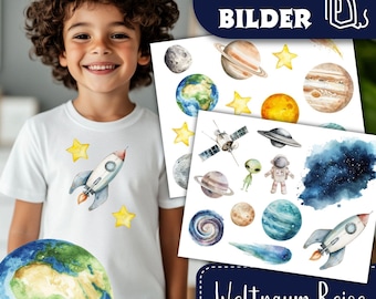 Weltraum Reise Bügelbilder, Wasserfarbe Grafiken zum Aufbügeln, Raumschiff, Planeten och Sterne, Niedliche Illustrationen für Kinder Tshirt