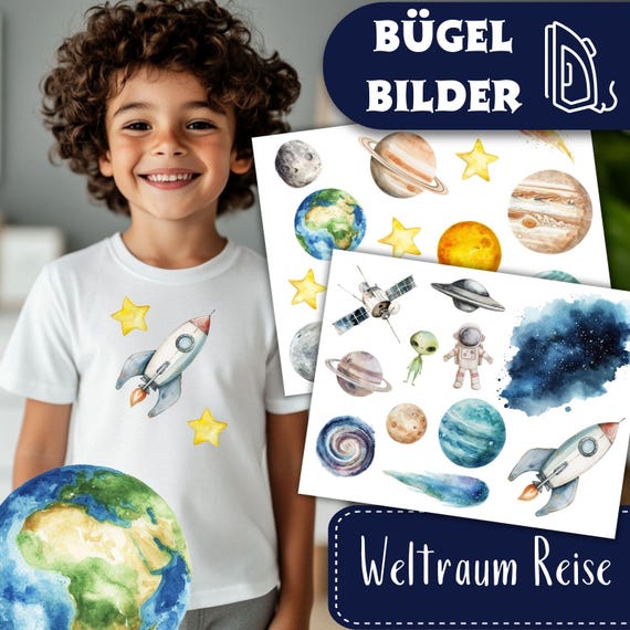 Weltraum Reise Bügelbilder, Wasserfarbe Grafiken zum Aufbügeln, Raumschiff, Planeten und Sterne, Niedliche Illustrationen für Kinder Tshirt