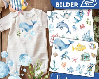 Unterwasser Bügelbilder 2er Set, Wasserfarbe Ozean Fische Grafiken zum Aufbügeln, Blauwal Bügeln für Kinder Camiseta Meerjungfrau, Delfin Süß