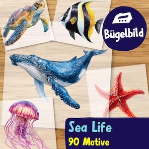 Sea Life Bügelbilder, Wasserfarbe Meerestiere zum Aufbügeln